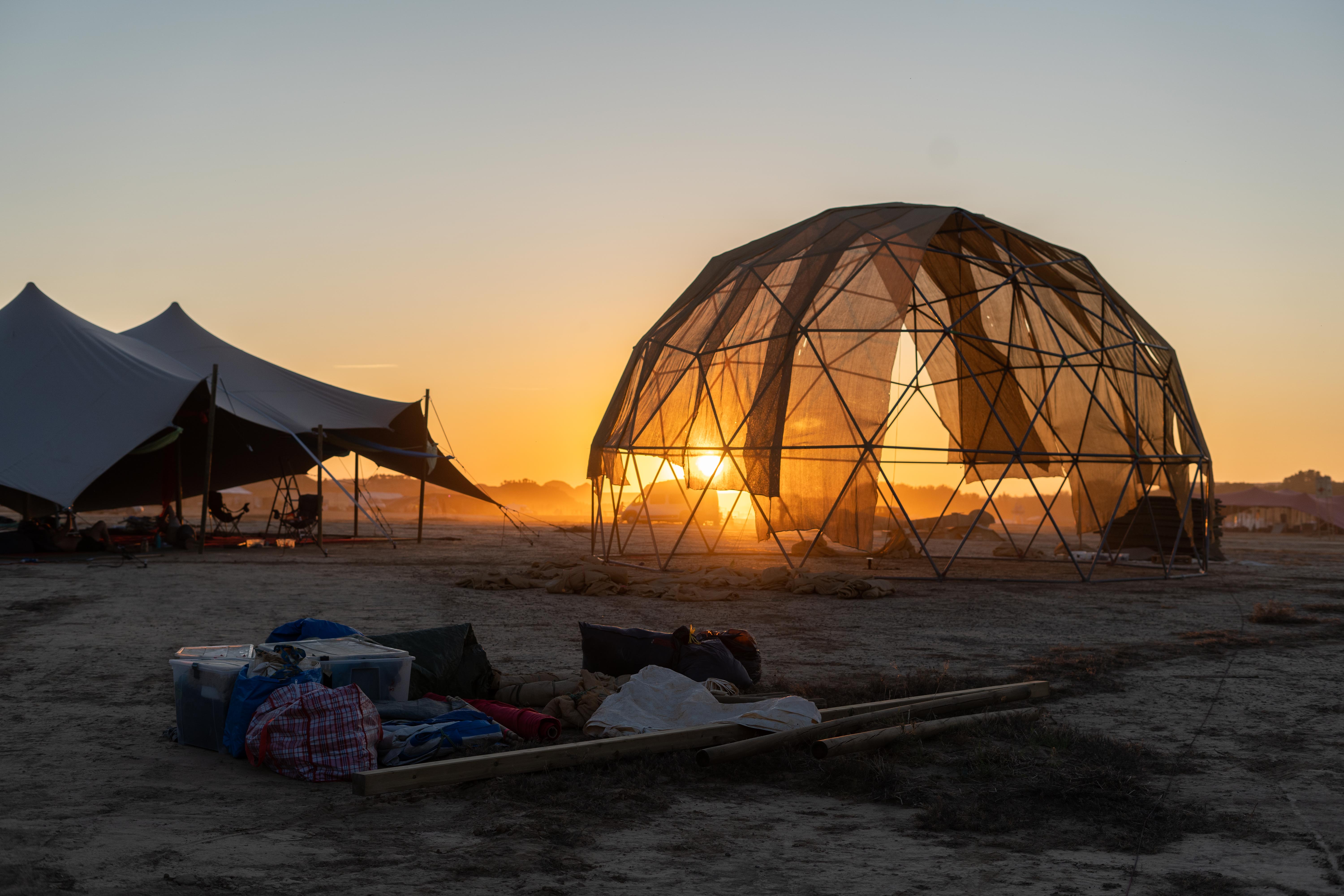 Barrio YES! geodesic dome at sunset in the Monegros desert, Spain
